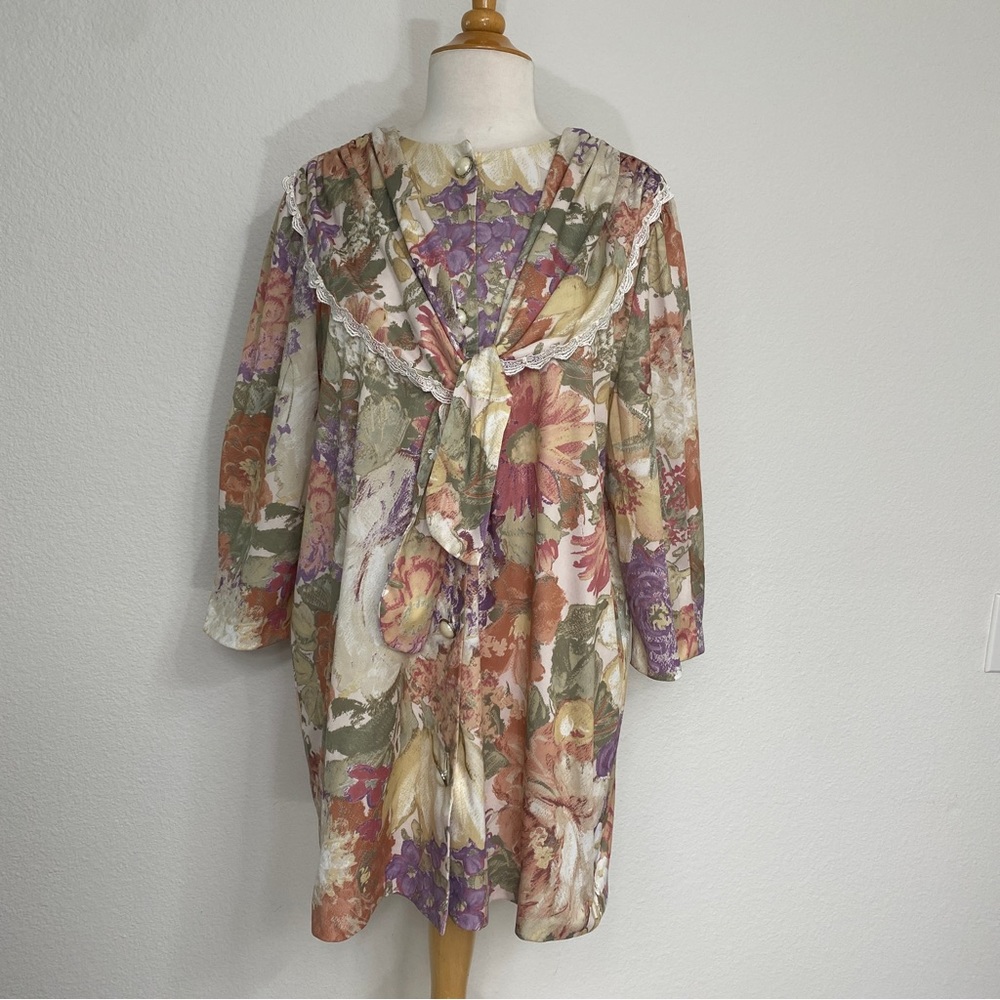 Vintage Lynn B by Ms Lea Retro Floral Lace Trim Tunic Blouse Size Large Girly